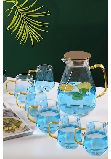 7 Parça Cam Meşrubat Takımı Süzgeçli Sürahi Ve Bardaklar 2 Litre Meşrubat Takımı