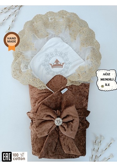 Dantelli Taçlı Bebek Kundağı Unisex Bebek Dış Kundak Battaniyesi Hastane Çıkışı Mevlütlük Kundak Kahverengi