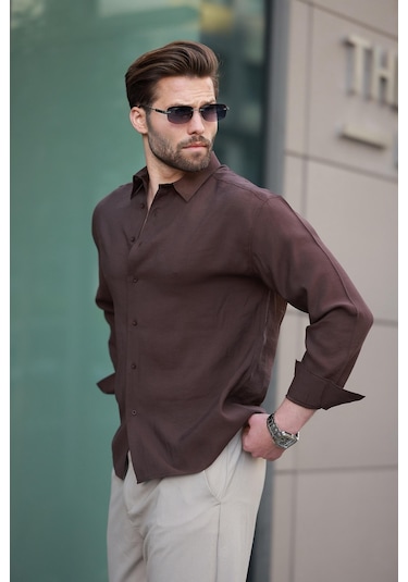 Madmext Kahverengi Basic Uzun Kollu Erkek Gömlek E6762 Kahverengi