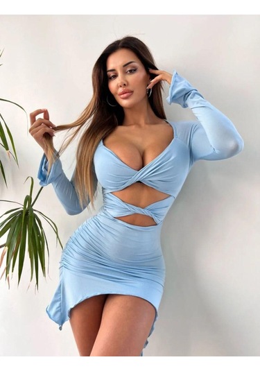 Flare Kollu Seksi Bodycon Bebek Mavisi Mini Elbise Bebe Mavisi