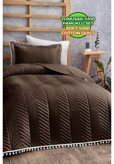 Evlen Home Ponponlu %100 Pamuk Tek Kişilik Günlük Yatak Örtüsü Pike Takımı Seti Koyu Kahve