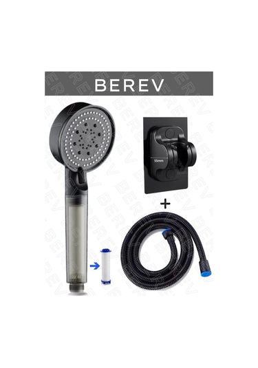 Berev Filtreli 5 Fonksiyonlu Yüksek Basınçlı Ayarlanabilir Duş Başlığı 150 Cm Siyah Hortum Yapışkanlı Duş Başlığı Askısı Mafsal Siyah