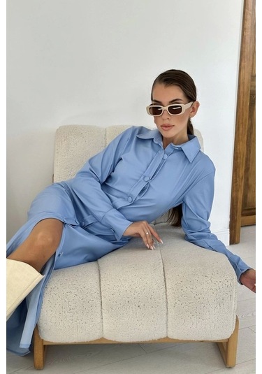 Mavi Boydan Düğmeli Deri Elbise Mavi