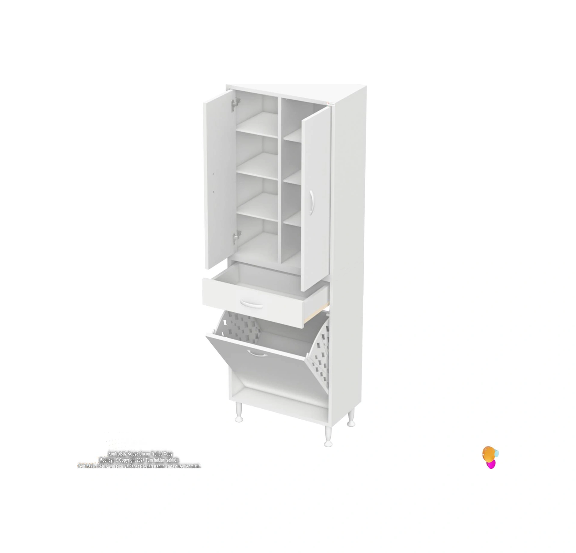 Yeni Kayra Tek Çekmece, 1 Göz Sepet, 2 Kapak, 8 Raf Dar Alan Banyo Dolabı 55x173x32,5 Cm Beyaz