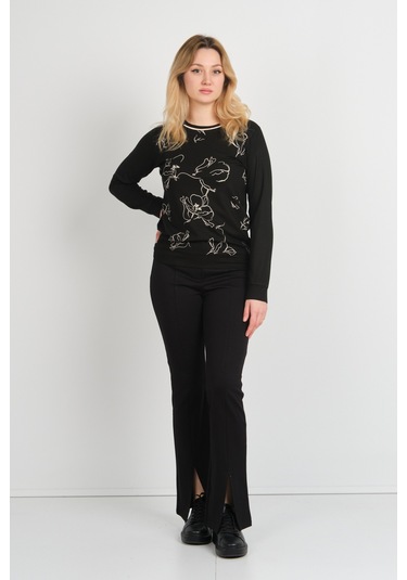 Sistas Kadın Desenli Bisiklet Yaka Uzun Kol Bluz 24611 Siyah Siyah