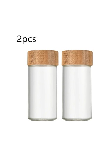 2'li Bambu Kapaklı Kare Cam Baharatlık Cam Saklama Kabı - 120ml ŞEffaf