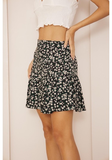 Darlin Moda Siyah Çiçek Desenli Mini Şort Etek Dm2024 Siyah
