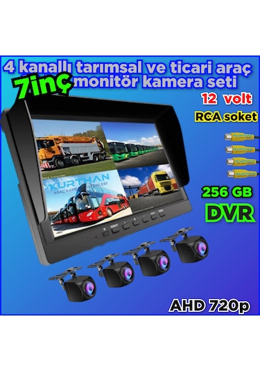 4 Adet Ahd 720p 170 Derece Açılı Kamera Ve 7'' Dvr Monitör 12 V