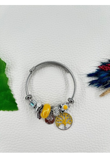 Bhs Life Kadın Charmlı Sarı Renk Kristal Taşlı Hayat Ağacı Çelik Bileklik