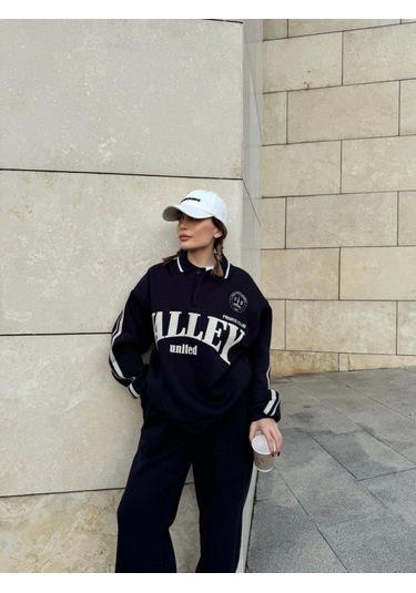 Reka Moda Üç İplik Yakalı Sweat Baggy Pantalonlu Takım - Siyah Siyah