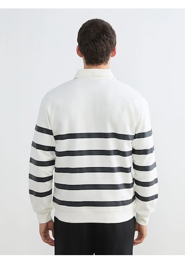Lc Waikiki Beyaz Polo Yaka Çizgili Erkek Kalın Sweatshirt