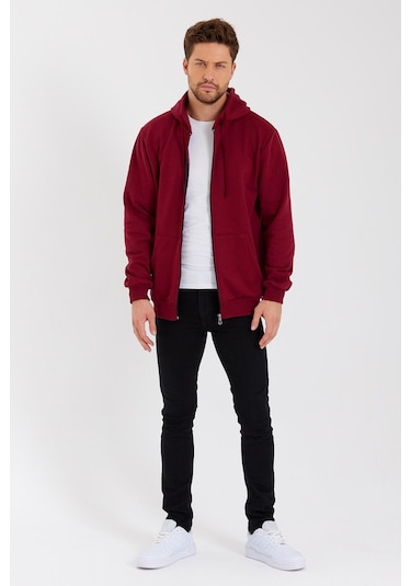 Comeor Kanguru Cepli Kapüşonlu Fermuarlı İçi Pamuklu Erkek Sweatshirt Bordo 001 Bordo