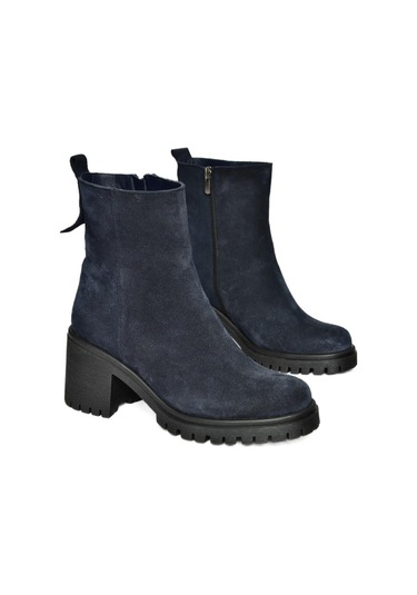 Fox Shoes R654006502 Lacivert Hakiki Deri Süet Kalın Topuklu Kadın Bot Lacivert