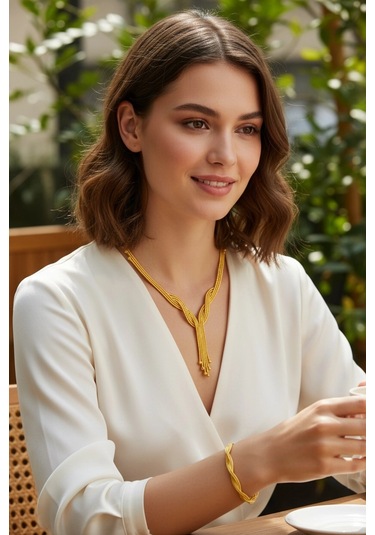Altın Kazze Model Sarmaşık Gerdanlık Seti Bileklik + Gerdanlık