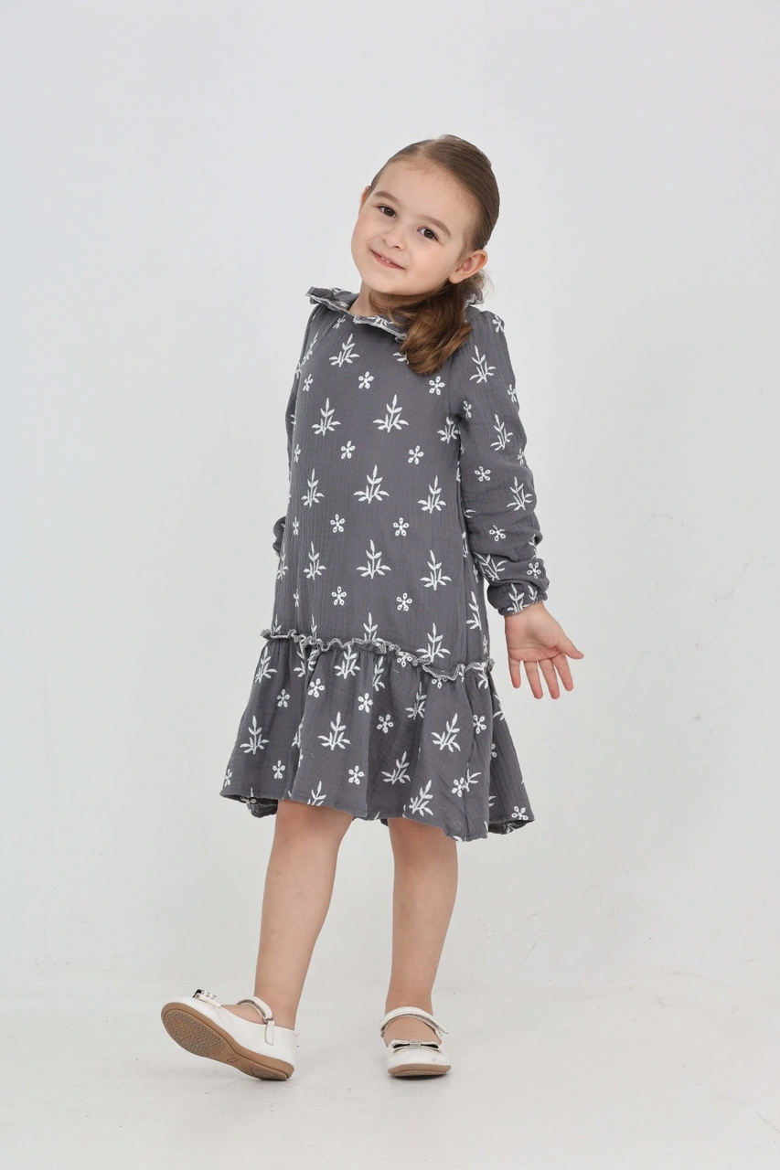 Toontoy Kız Çocuk Çiçek Nakışlı Bebe Yaka Elbise Füme