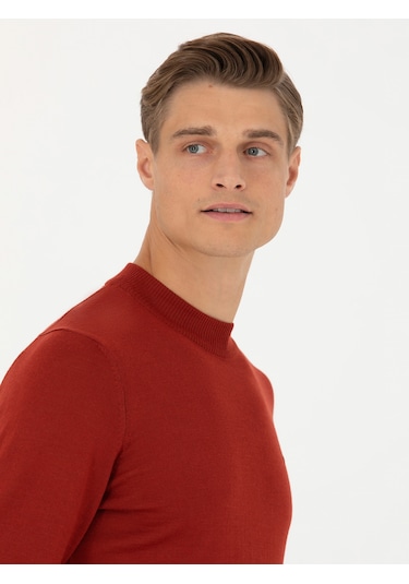 Cacharel Kiremit Slim Fit Çeyrek Balıkçı Yaka Triko Kazak Kırmızı
