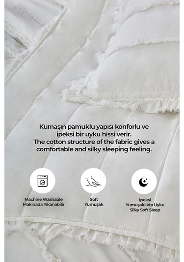 Evlen Home Pamuklu Echos Yatak Örtüsü Takımı Günlük Çift Taraflı Kişilik 3 Parça Dolgulu El İşi Beyaz