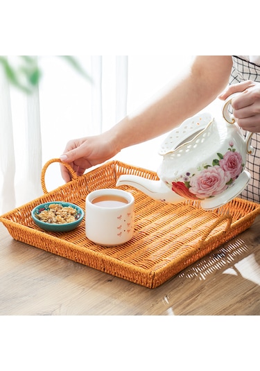 Porsima 709a Kare 3'lü Hasır Tepsi Dekoratif Sunum Servis Tepsisi