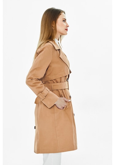Pastelastore %100 Pamuk Gabardin Midi 95cm Astarlı Kemerli Kadın Trençkot 1113 Bej