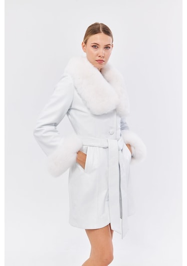 Derinss Dka1551 Hakiki Deri Kadın Beyaz Kaban 001