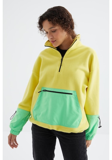 Tommy Life Limon Etek Ucu Büzgülü Yarım Fermuarlı Oversize Kadın Polar Sweatshirt - 97238 Limon Sarısı