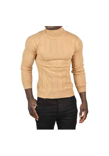 Deepsea Erkek Camel Slim Fit Likralı Tam Balıkçı Yaka Çizgili Boğazlı Kazak 2505504 Camel
