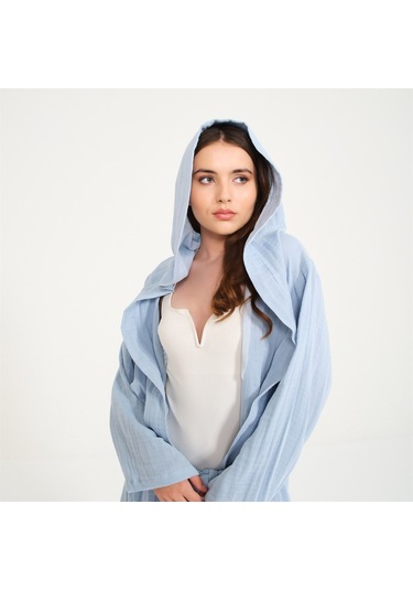 Ördek Nakışlı Kısa Kapüşonlu Müslin Kadın Bornoz-Mavi