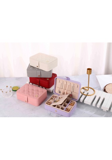 Deri Baklava Desenli Seyahat Takı Bijuteri Mücevher Kutusu Organizer Düzenleyici 16cm Lila İthal Ürü