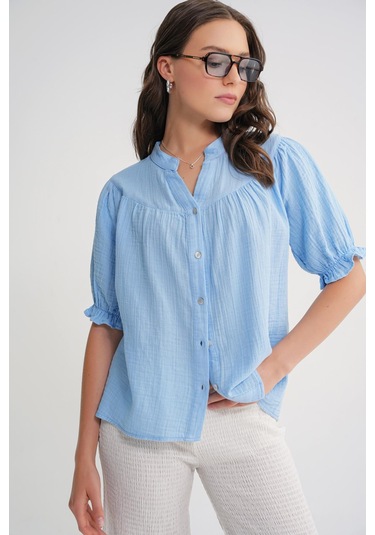 4725 Kadın Büzgü Robalı Kolu Fırfırlı Müslin Gömlek Bebe Mavi Bebe Mavi