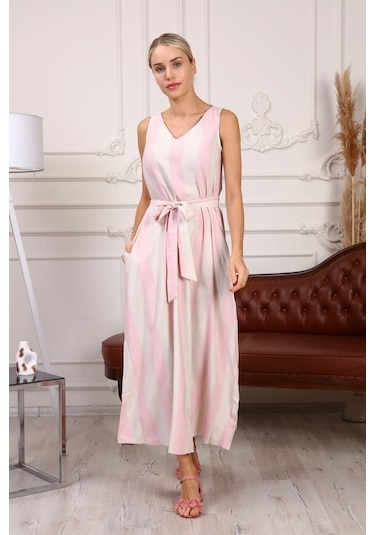 Aymeravm - Kemerli Çizgili Kalın Askılı Kadın Elbise - Mas0506Ga