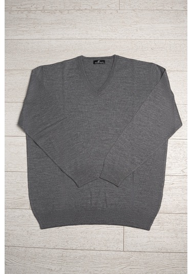 Woolen World V Yaka Battal Büyük Boy Yünlü Triko Kazak Gri
