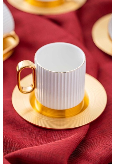 Acar Aurora Beyaz 6 Kişilik Kahve Fincanı Takımı - 90 Ml. Altın - Beyaz