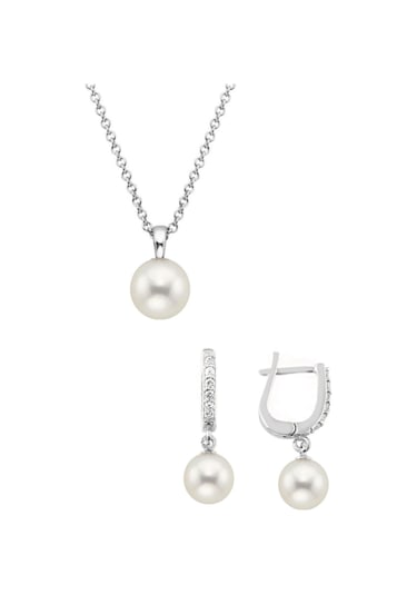 Gümüş Yuvarlak Model Kolye Küpe Inci Set 8 Mm
