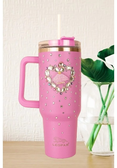 Pipetli 1,2 Litre Kulplu Çelik Termos Renkli Üzeri Taş İşlemeli - Pembe Pembe