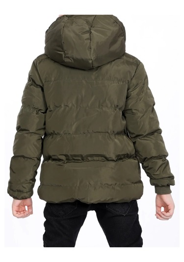 Erkek Çocuk Kolları Renk Bloklu Yazı Desenli Şerit Detaylı Fermuar Çıtçıt Kapamalı Haki Renk Mont Haki