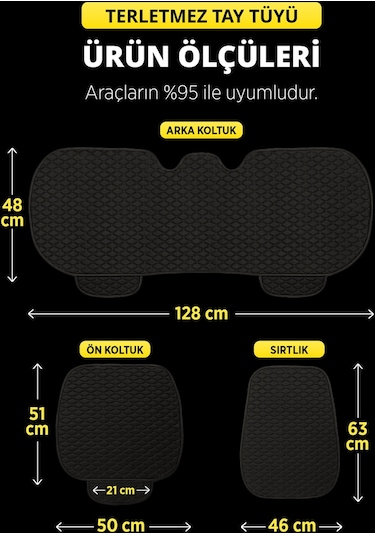 Organic Tay Tüyü Cepli & Terletmez Sırtlı Oto Koltuk Minder Seti Siyah-siyah Koltuk Koruma Kılıfı 3'lü Set