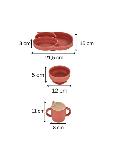 3'lü Silikon Bebek Beslenme Seti / Bölmeli Mama Tabağı / Mama Kasesi / Bebek Bardağı - Kiremit Rengi Kiremit