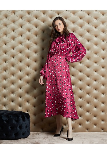 Desenli Kadın Saten Elbise - Bağlamalı Yaka Detaylı - Modern Ve Şık Tasarım - Özel Davet Ve Günlük Kullanım İçin Elbise Mor