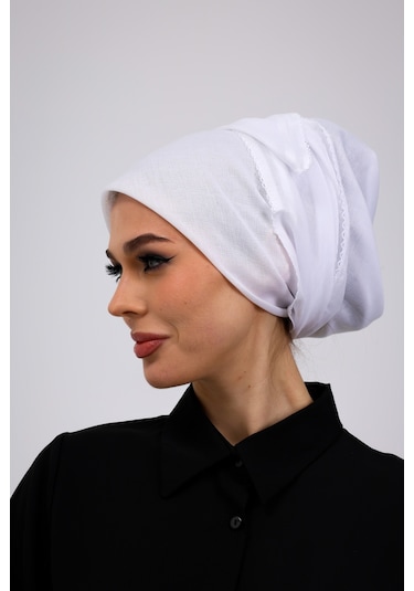 İç Başörtüsü %100 Pamuklu Beyaz Tülbent - Kenarları Oyalı 90x90 Cm Kadın Tesettür Yazma Başörtü Beyaz