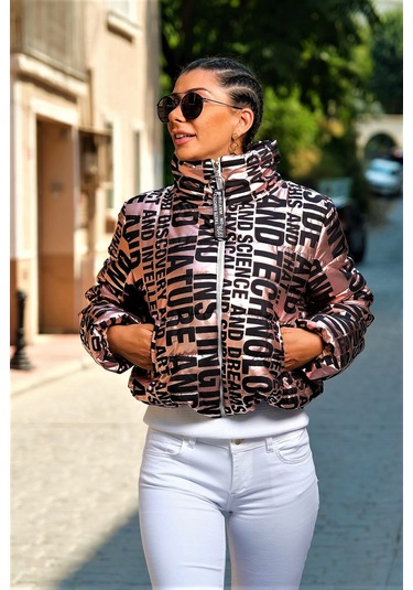 Kadın Rose Rengi Parlak Yazılı Dik Yaka Su Geçirmez Kısa Şişme Mo