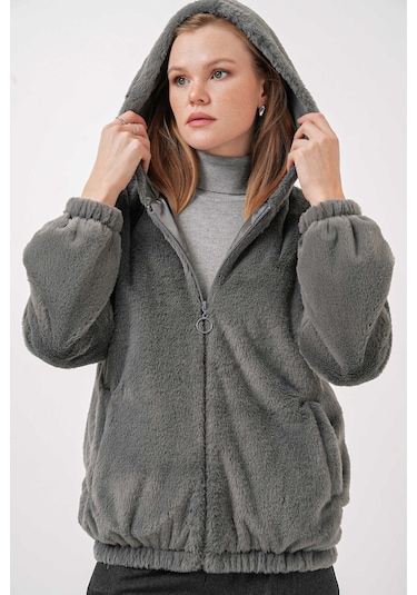 Gabria Kapüşonlu Pelüş Mont Koyu Gri