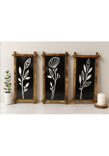 Rustik Ahşap Çerçeveli Siyah-beyaz 3 Lü Duvar Dekor Seti Duvar Dekorasyonu