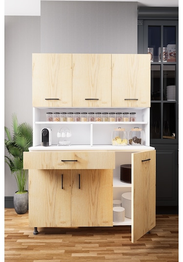 Mirobi Zimbal Çok Bölmeli Dekoratif Mutfak Dolabı Beyaz-rivoli Atlantik Çam Beyaz