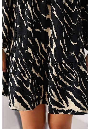 Kadın Zebra Siyah Krem Desenli Uzun Kollu Mini Elbise - Kadın Elbise Siyah