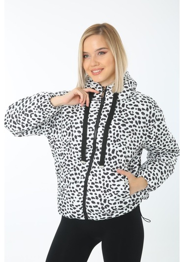 Ladıes Fırst 6001-D02 Beyaz Siyah Desenli Şişme Mont Kapüşonlu
