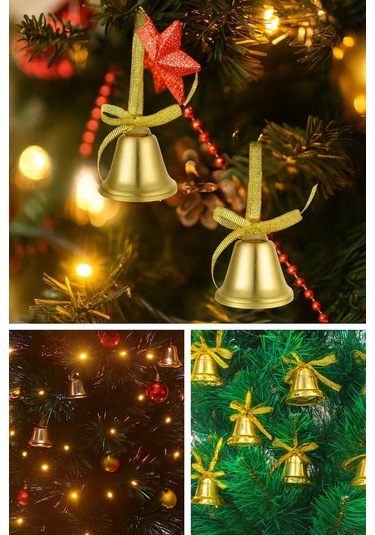 12 Adet Mini Çan Yılbaşı Çam Ağacı Süsü 3 Cm Sarı Kurdeleli Gold Yılbaşı Çam Ağacı Süsü