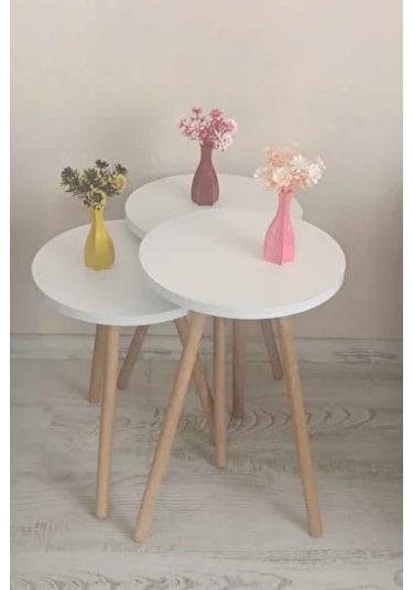 3'lü Zigon Sehpa Seti Saksılık Ve Çiçeklik Standı, Dekoratif Yan Sehpa Ahşap Ayaklı 33 Cm Çap - Beyaz Beyaz