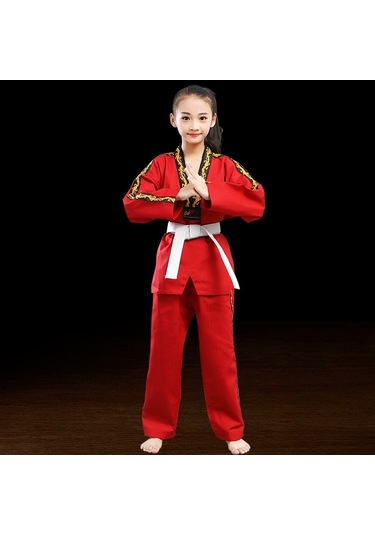 Sones Çocuk Yetişkin Pamuklu Erkek Ve Kadın Tekvando Giyim Eğitim Üniformaları Ejderha Kırmızısı Kırmızı