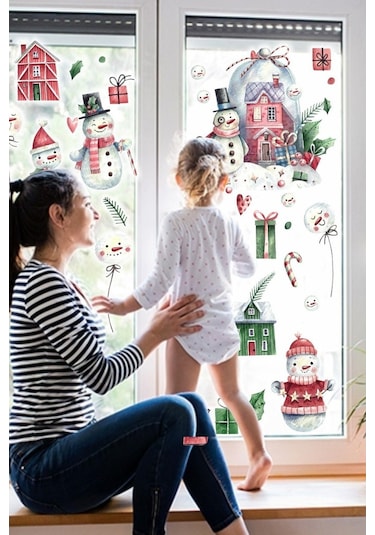 MSticker Yılbaşı Kardan Adam Ve Evleri Çocuk Odası Cam Duvar  Sticker Seti