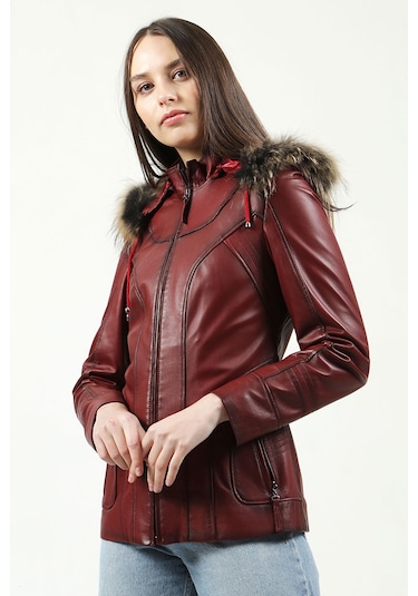 Dericlub Mistral Kadın Kapüşonlu Hakiki Deri Kaban Ök.bordo Ök.bordo Bordo